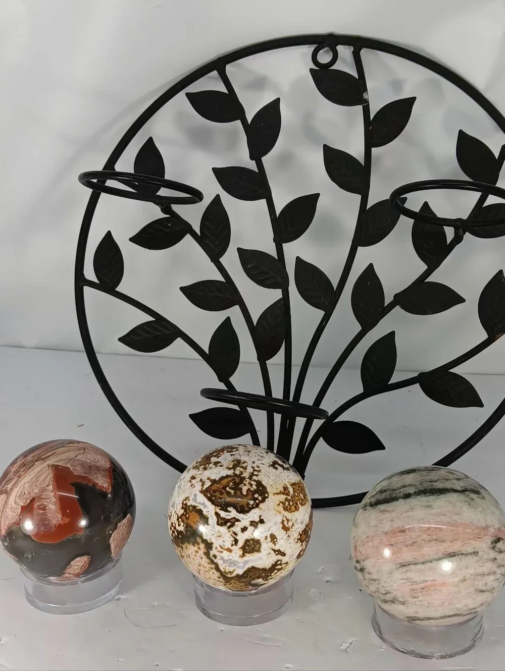3 Crystal Spheres New On Black Metal Wall Display